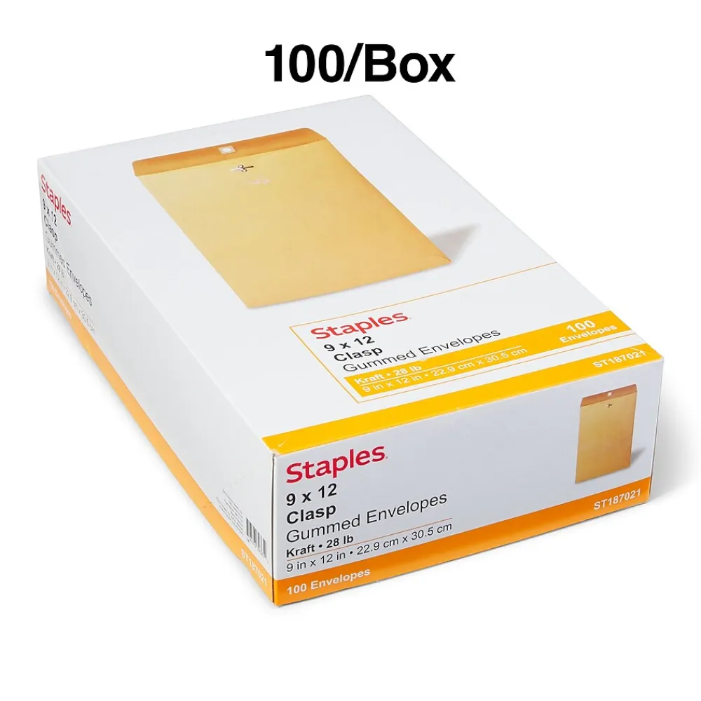 Outlet Staples Kraft Clasp & Moistenable Glue Catalog Envelopes, 9" x 12", Brown, 100/Box (ST187021-CC)