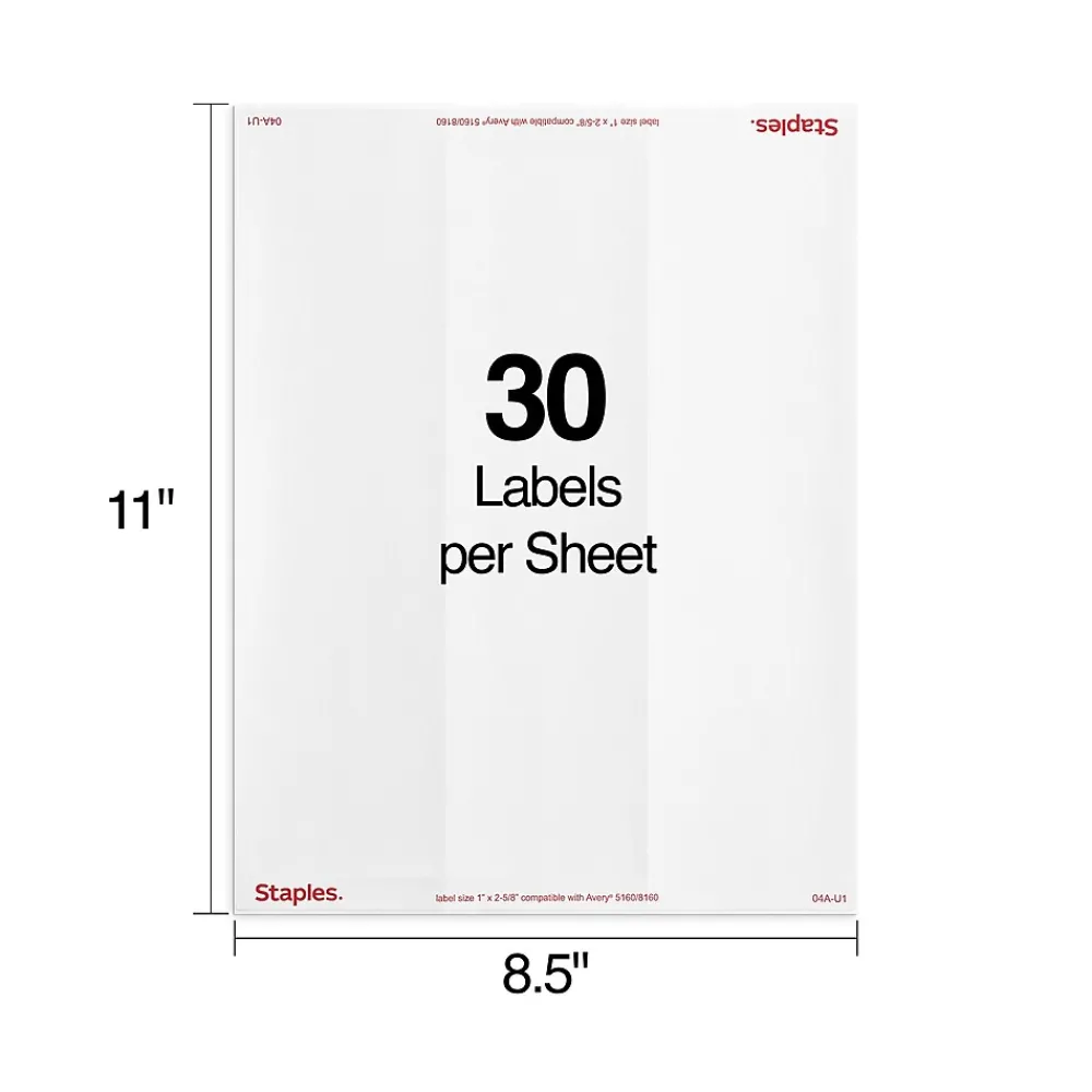 Clearance Staples Laser/Inkjet Address Labels, 1" x 2-5/8", White, 30 Labels/Sheet, 25 Sheets/Pack (ST18054-CC)