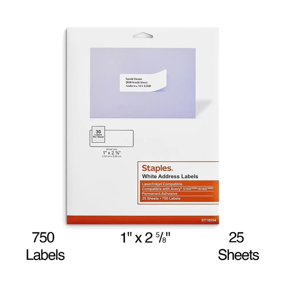 Clearance Staples Laser/Inkjet Address Labels, 1" x 2-5/8", White, 30 Labels/Sheet, 25 Sheets/Pack (ST18054-CC)