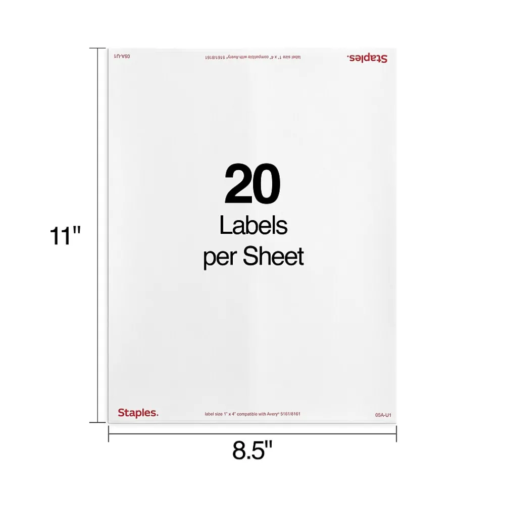 Sale Staples Laser/Inkjet Address Labels, 1" x 4", White, 20 Labels/Sheet, 100 Sheets/Pack, 2000 Labels/Box (18058/SIWO110)