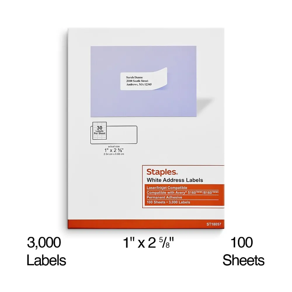 Staples Laser/Inkjet Address Labels, 1" x 2-5/8", White, 30 Labels/Sheet, 100 Sheets/Pack (ST18057-CC)