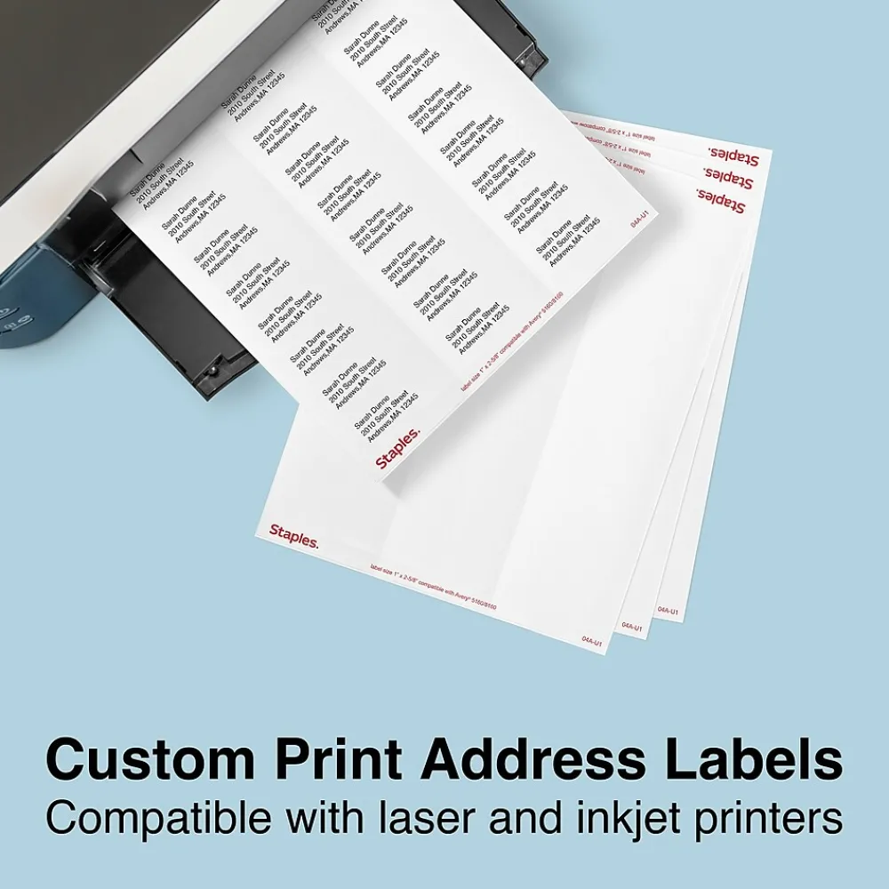 Staples Laser/Inkjet Address Labels, 1" x 2-5/8", White, 30 Labels/Sheet, 100 Sheets/Pack (ST18057-CC)