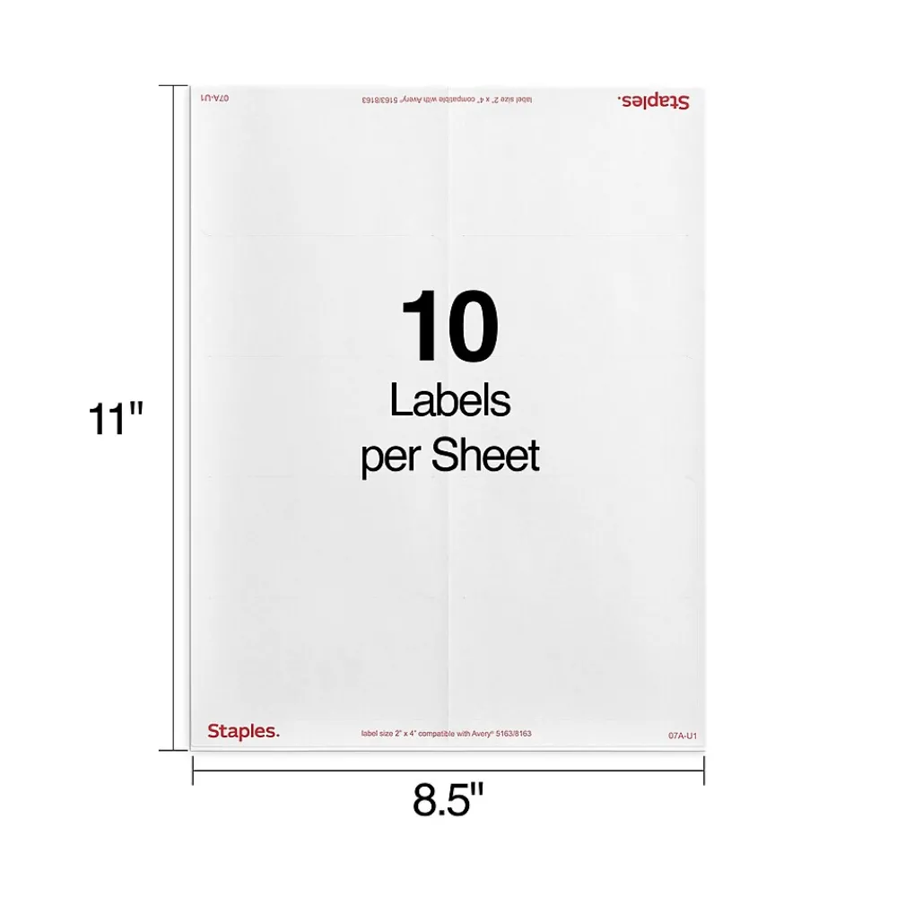 Clearance Staples Laser/Inkjet Shipping Labels, 2" x 4", White, 10 Labels/Sheet, 250 Sheets/Pack, 2500 Labels/Box (18066)