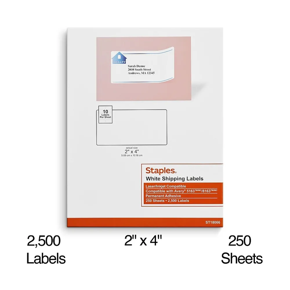Clearance Staples Laser/Inkjet Shipping Labels, 2" x 4", White, 10 Labels/Sheet, 250 Sheets/Pack, 2500 Labels/Box (18066)