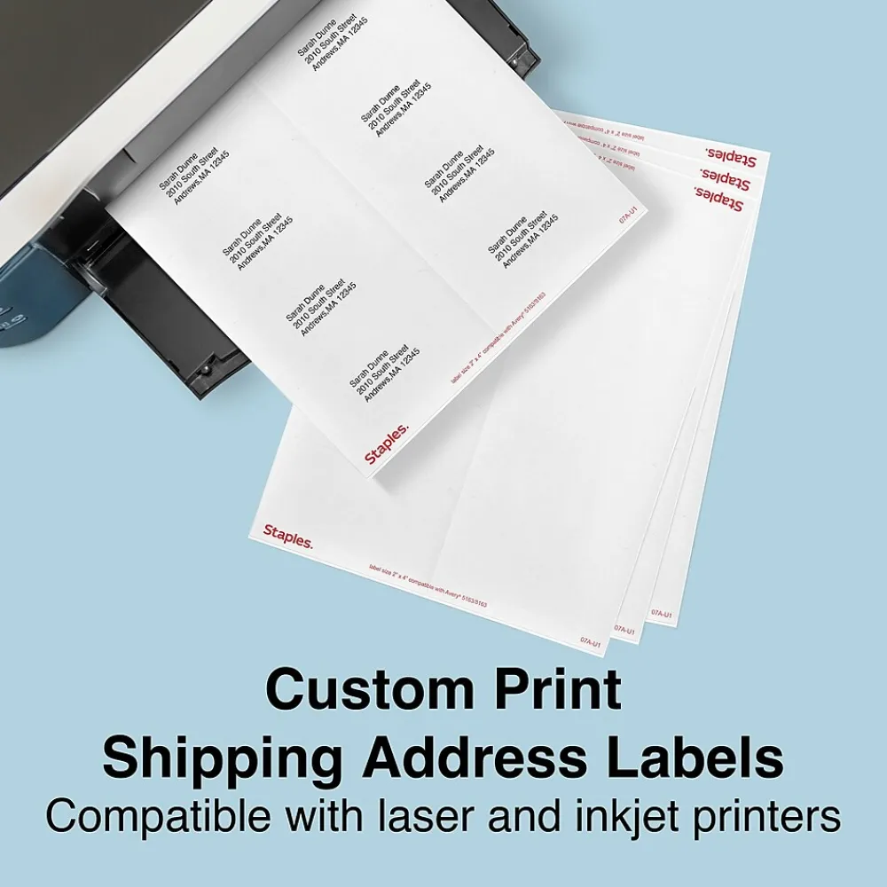 Clearance Staples Laser/Inkjet Shipping Labels, 2" x 4", White, 10 Labels/Sheet, 250 Sheets/Pack, 2500 Labels/Box (18066)