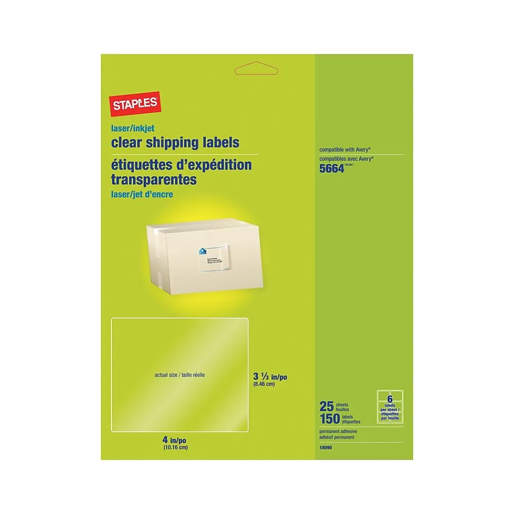 Outlet Staples Laser/Inkjet Shipping Labels, 3 1/3" x 4", Clear, 6 Labels/Sheet, 25 Sheets/Pack, 150 Labels/Box (18090)