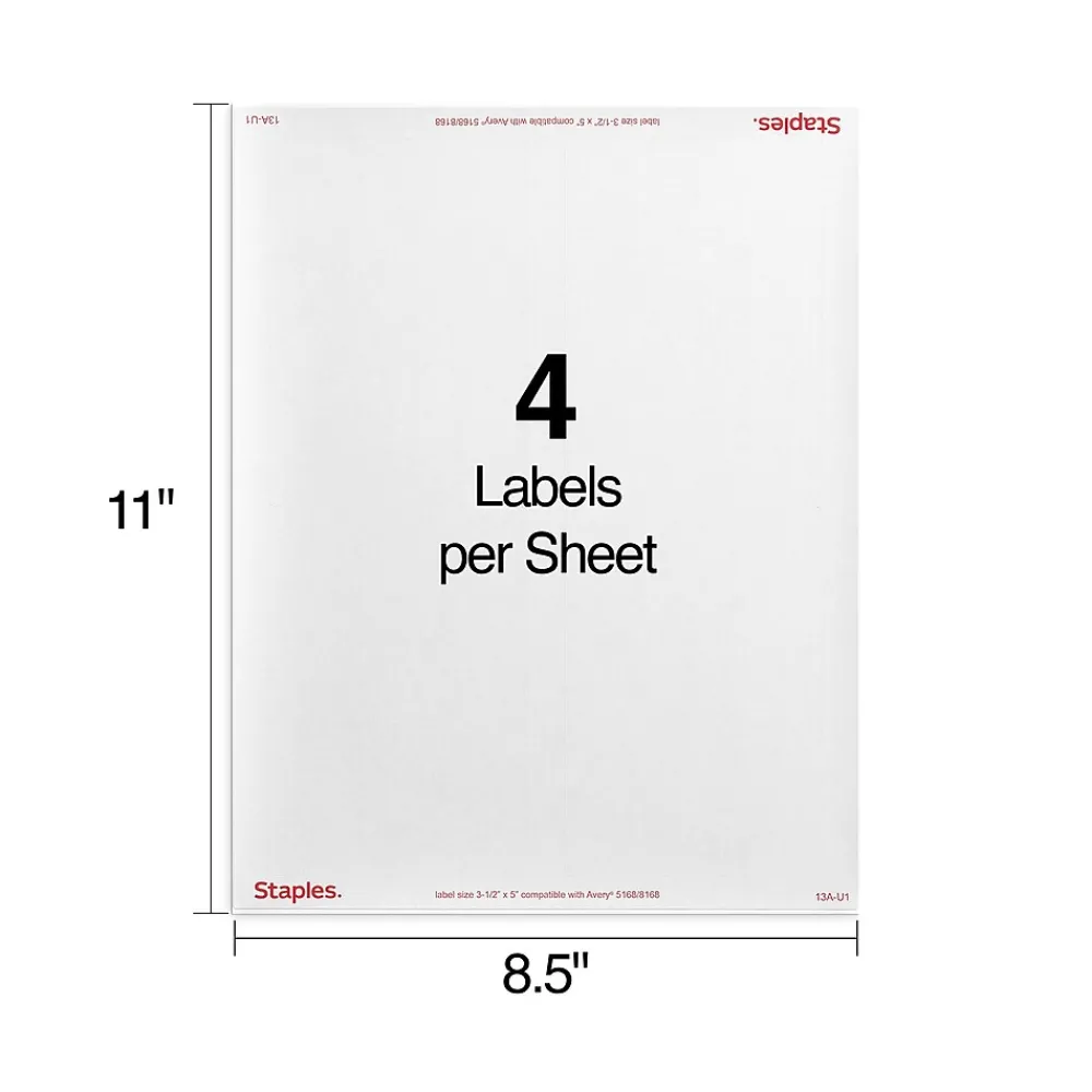 Sale Staples Laser/Inkjet Shipping Labels, 3 1/2" x 5", Bright White, 4 Labels/Sheet, 100 Sheets/Pack, 400 Labels/Box (18074-CC)