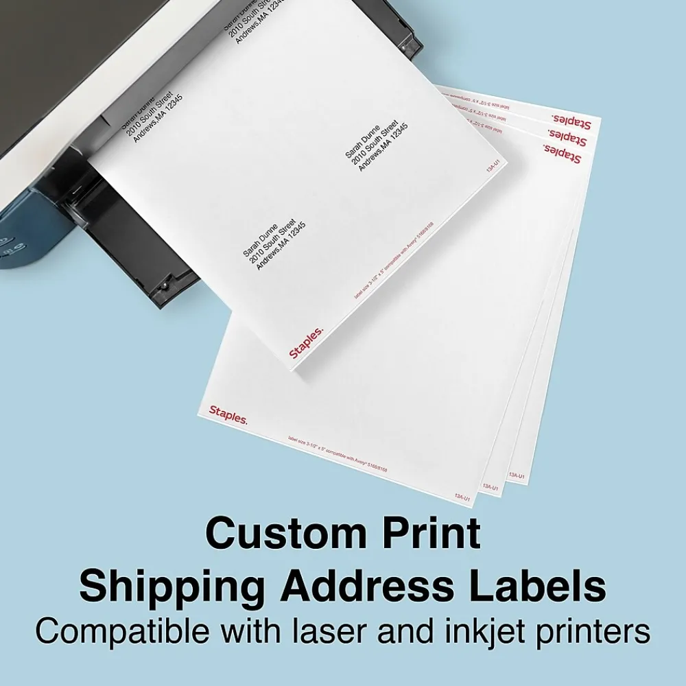 Sale Staples Laser/Inkjet Shipping Labels, 3 1/2" x 5", Bright White, 4 Labels/Sheet, 100 Sheets/Pack, 400 Labels/Box (18074-CC)