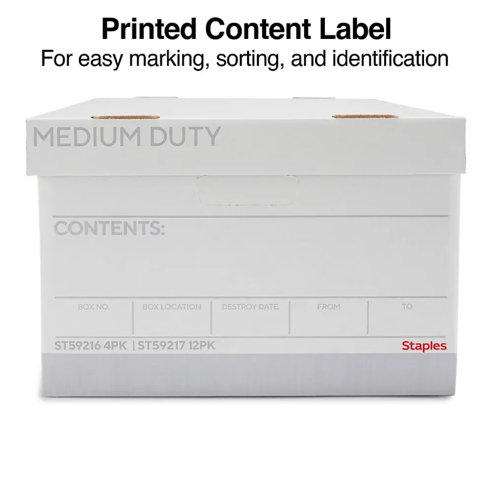 File Storage|Staples Medium Duty File Box, Lift Off Lid, Legal, White/Gray, 4/Carton (TR59216)