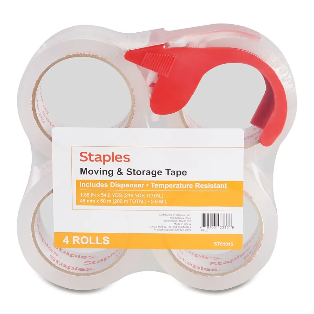 New Staples ® Moving & Storage Packing Tape with Dispenser, 1.88" x 54.6 Yds, Clear, 4/Rolls (31687)
