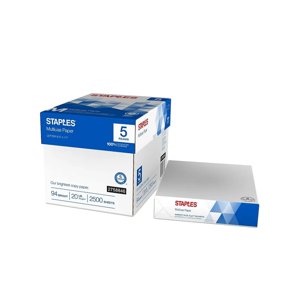 Copy Paper*Staples Multiuse Copy Paper, 8.5" x 11", 20 lbs., 94 Brightness, 500 Sheets/Ream, 5 Reams/Carton (51928)