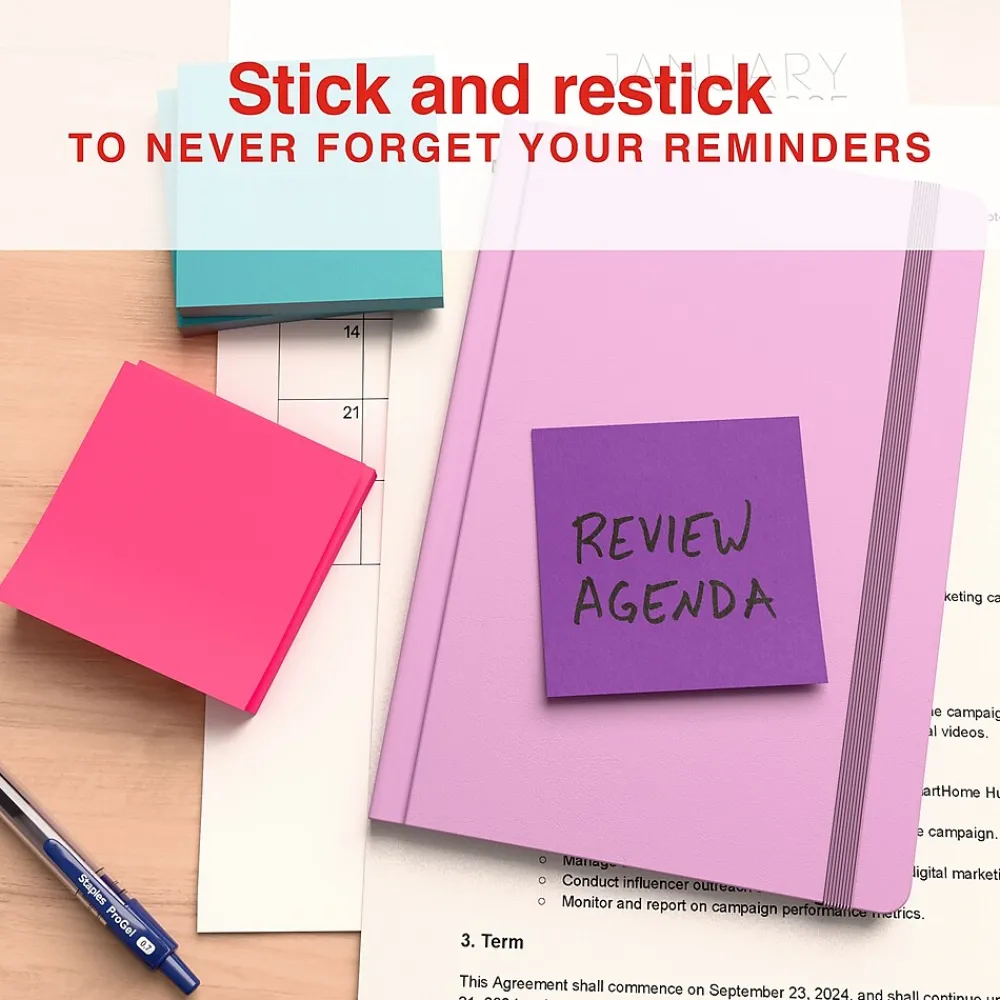 Sticky Notes*Staples ® Pop-up Notes, 3" x 3", Berry Blast Collection, 100 Sheet/Pad, 6 Pads/Pack (S33BOP6/52558)