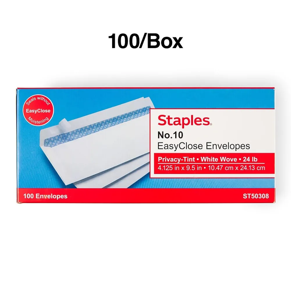 Outlet Staples QuickStrip EasyClose Self Seal Security Tinted #10 Business Envelopes, 4 1/8" x 9 1/2", White, 100/Box (ST50308-CC)