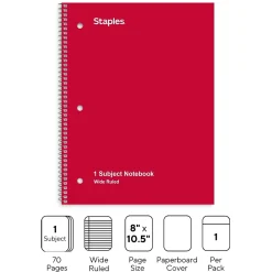 Subject Notebooks|Staples 1-Subject Notebook, 8" x 10.5", Wide Ruled, 70 Sheets, , 48 Notebooks/Carton (27497CT) Assorted Colors