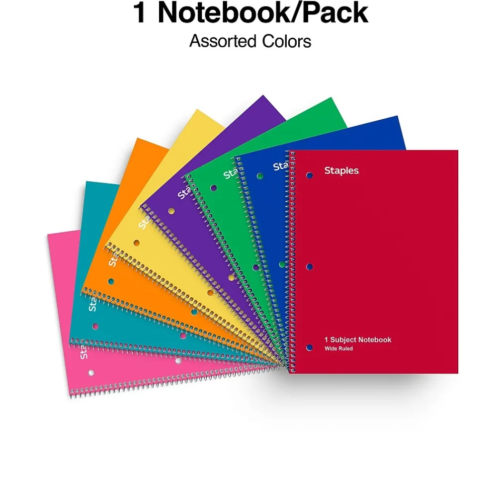 Subject Notebooks|Staples 1-Subject Notebooks, 8" x 10.5", Wide Ruled, 70 Sheets (ST54893C) Assorted Colors