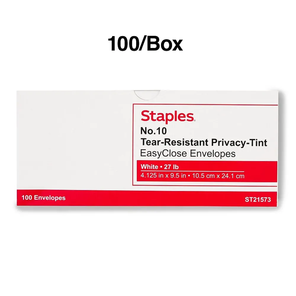 Online Staples Tear-Resistant EasyClose Security Tinted #10 Business Envelopes, 4 1/8" x 9 1/2", White, 100/Box (21573)