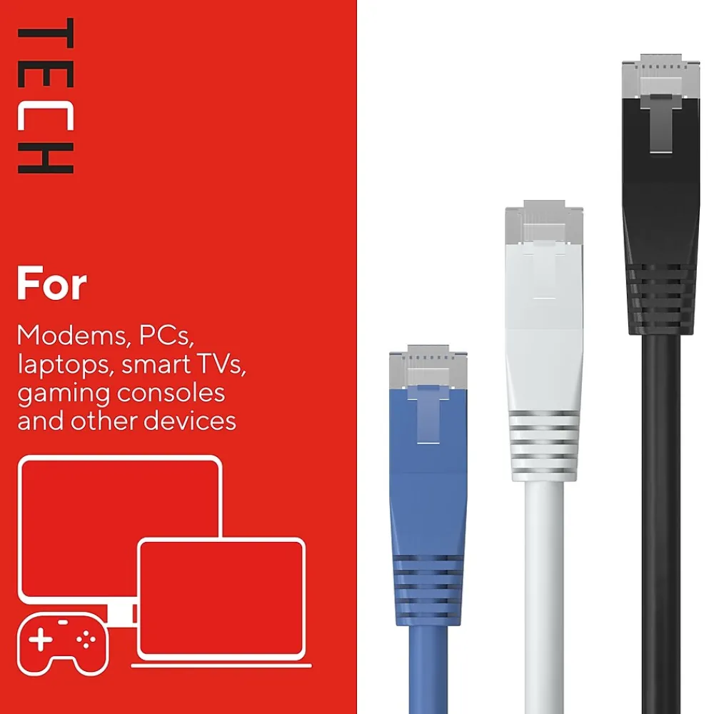 Staples TECH 25 ft. Cat-6 Ethernet Cable, Male to Male, Assorted Colors, 3/Pack (ST62460)