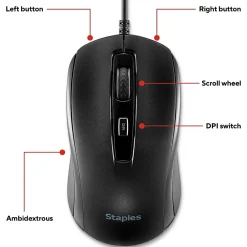 Outlet Staples TECH Ambidextrous Optical USB Mouse, Black (ST62598)