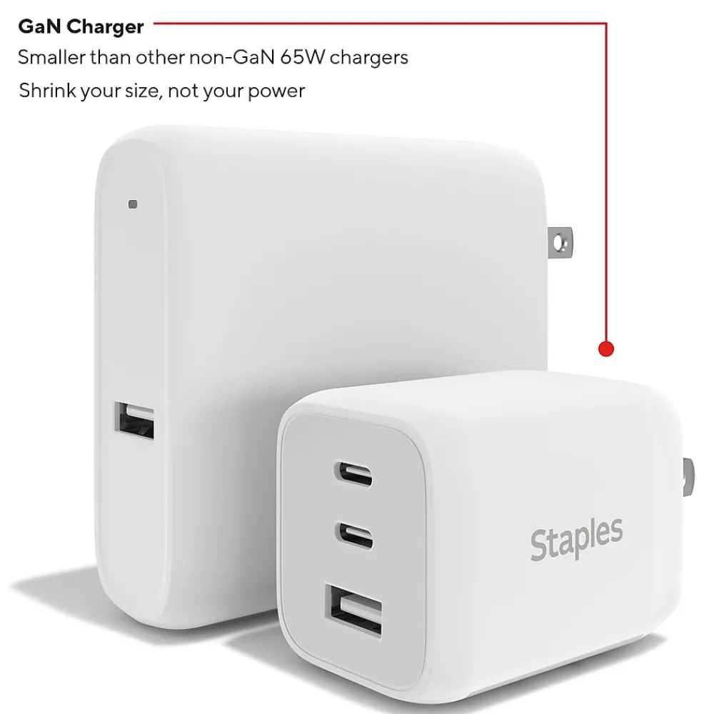 GaN USB-A/USB-C Wall Charger with Cable, 65W, White (ST62326)<Staples TECH