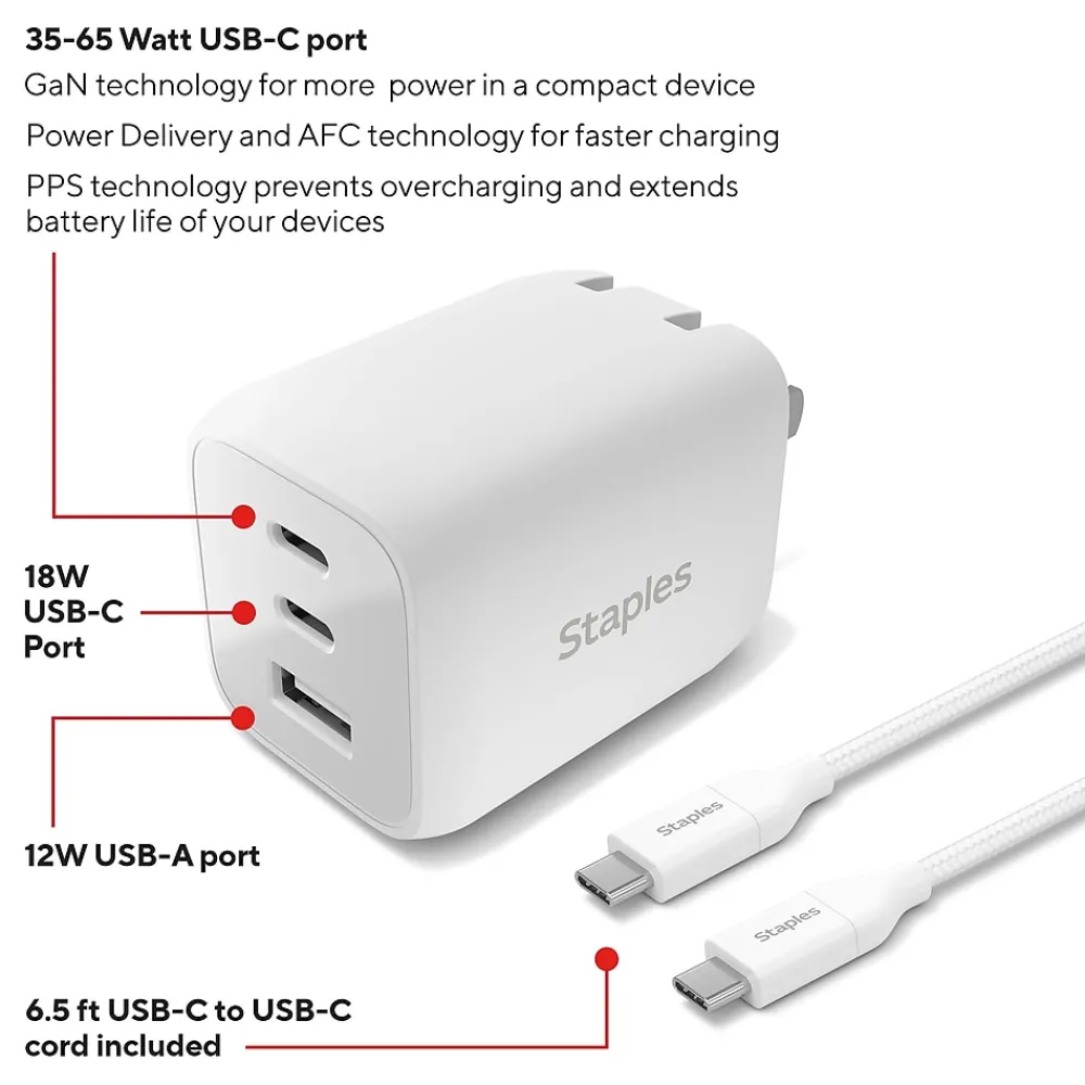 GaN USB-A/USB-C Wall Charger with Cable, 65W, White (ST62326)<Staples TECH