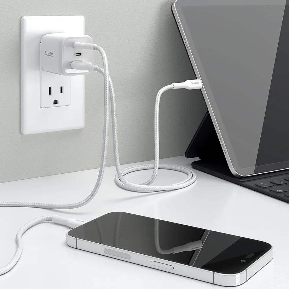 GaN USB-A/USB-C Wall Charger with Cable, 65W, White (ST62326)<Staples TECH