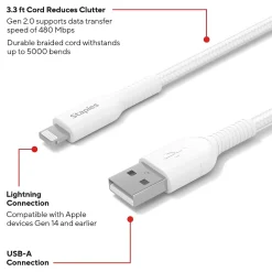 Lightning to USB-A Charging Cable, 3.3 ft., White, 2/Pack (ST62330)<Staples TECH Best