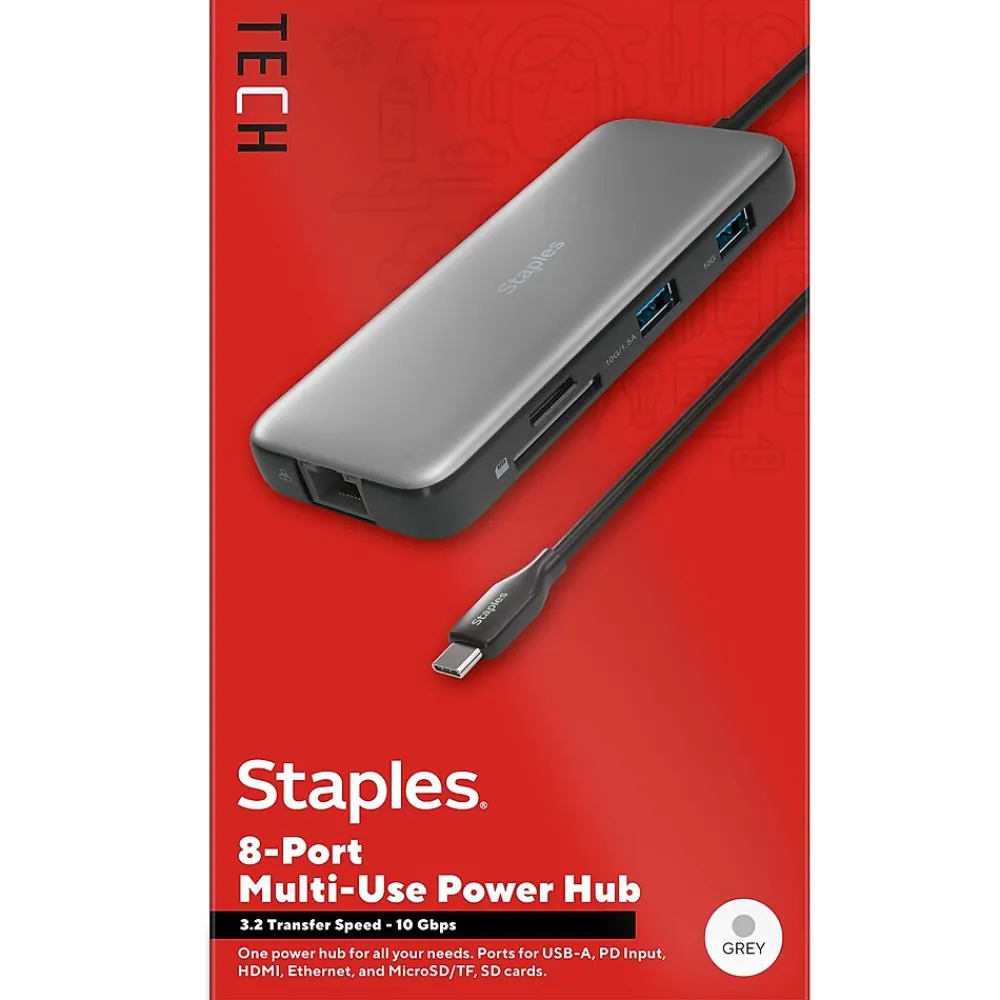 Staples TECH 8-Port Hub, Gray (ST62383)