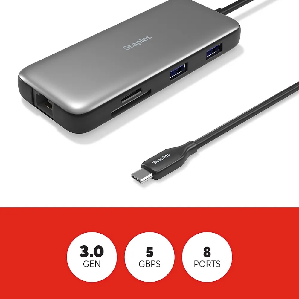 Staples TECH 8-Port Hub, Gray (ST62383)