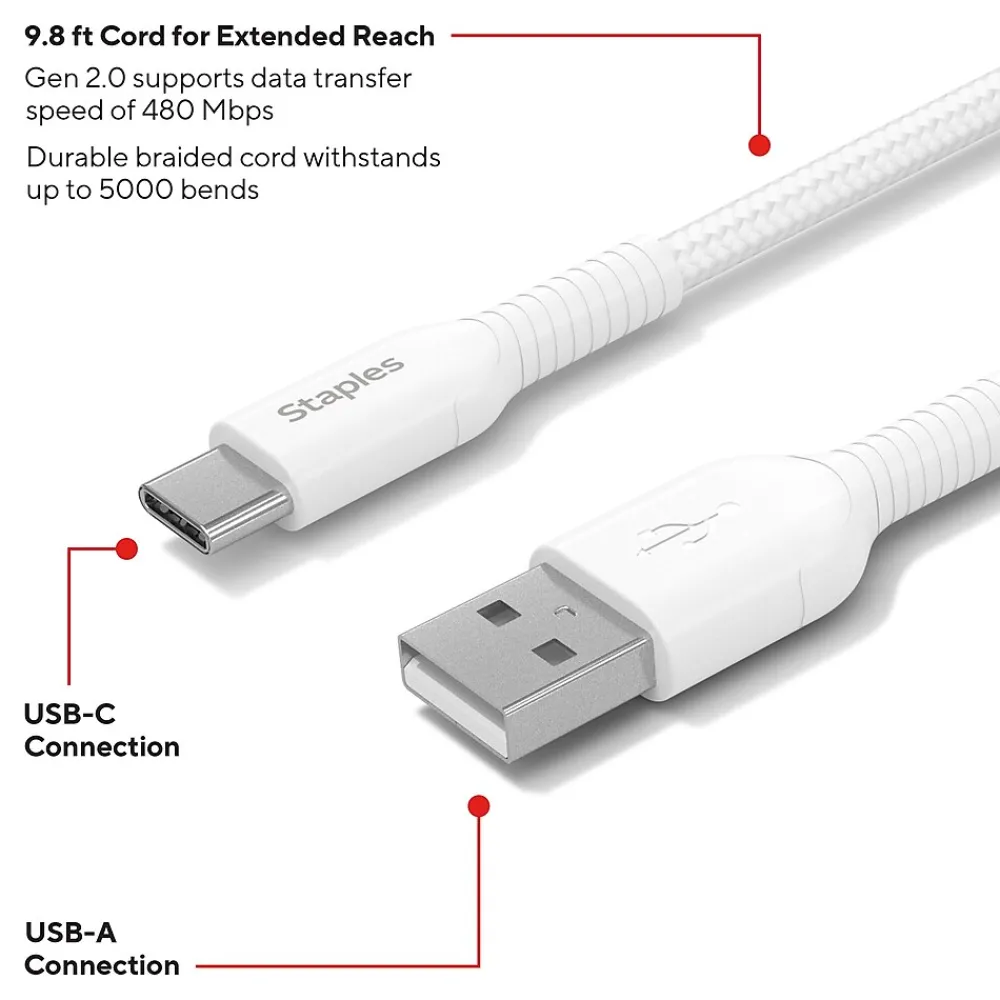 USB-C to USB-A Charging Cable, 9.8 ft., White (ST62339)<Staples TECH Online
