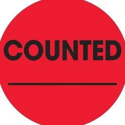 Labels|Tape Logic 2" Circle "Counted" Inventory Label, Fluorescent Red, 500/Roll (DL1270)