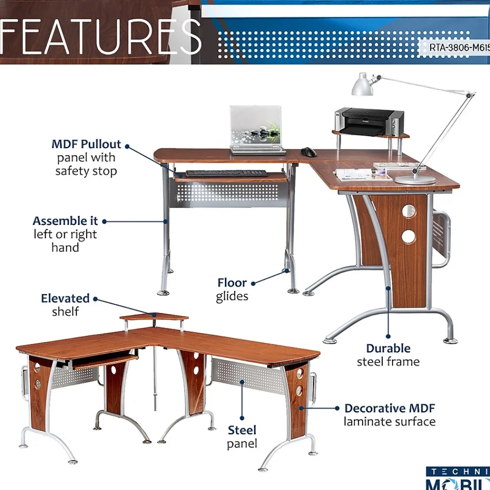 L-Desks*Techni Mobili Deluxe 57"W L-Shaped Desk, Mahogany (RTA-3806-M615)