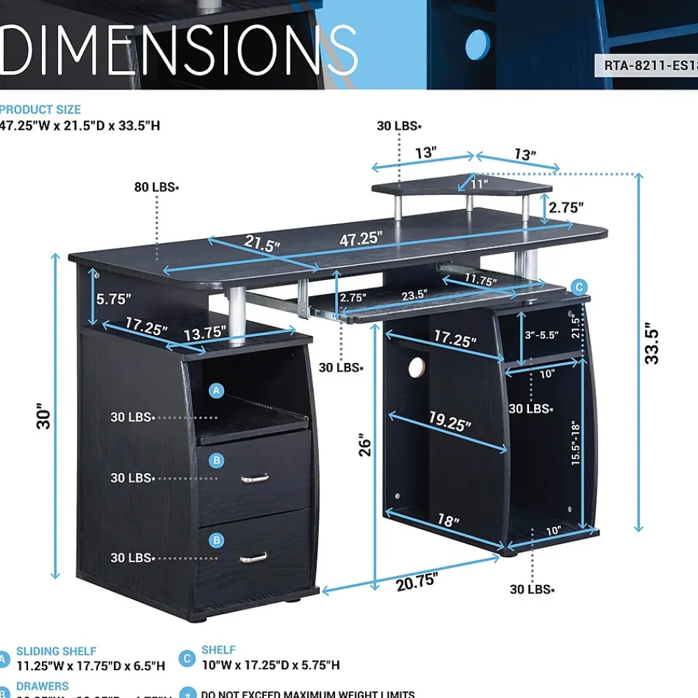 Computer Desks*Techni Mobili 47"W Computer Desk, Espresso (RTA-8211-ES18)