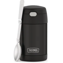 Lunch Totes & Water Bottles|Thermos FUNtainer Stainless Steel Vacuum-Insulated Food Jar with Folding Spoon, 16-Oz., Black Matte (F31101BK6)