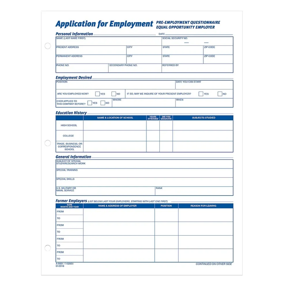 Hr Forms*TOPS ® Application for Employment, 2-Sided, 8-1/2 x 11", 50 Sheets/Pad, 2 Pads/Box (32851)