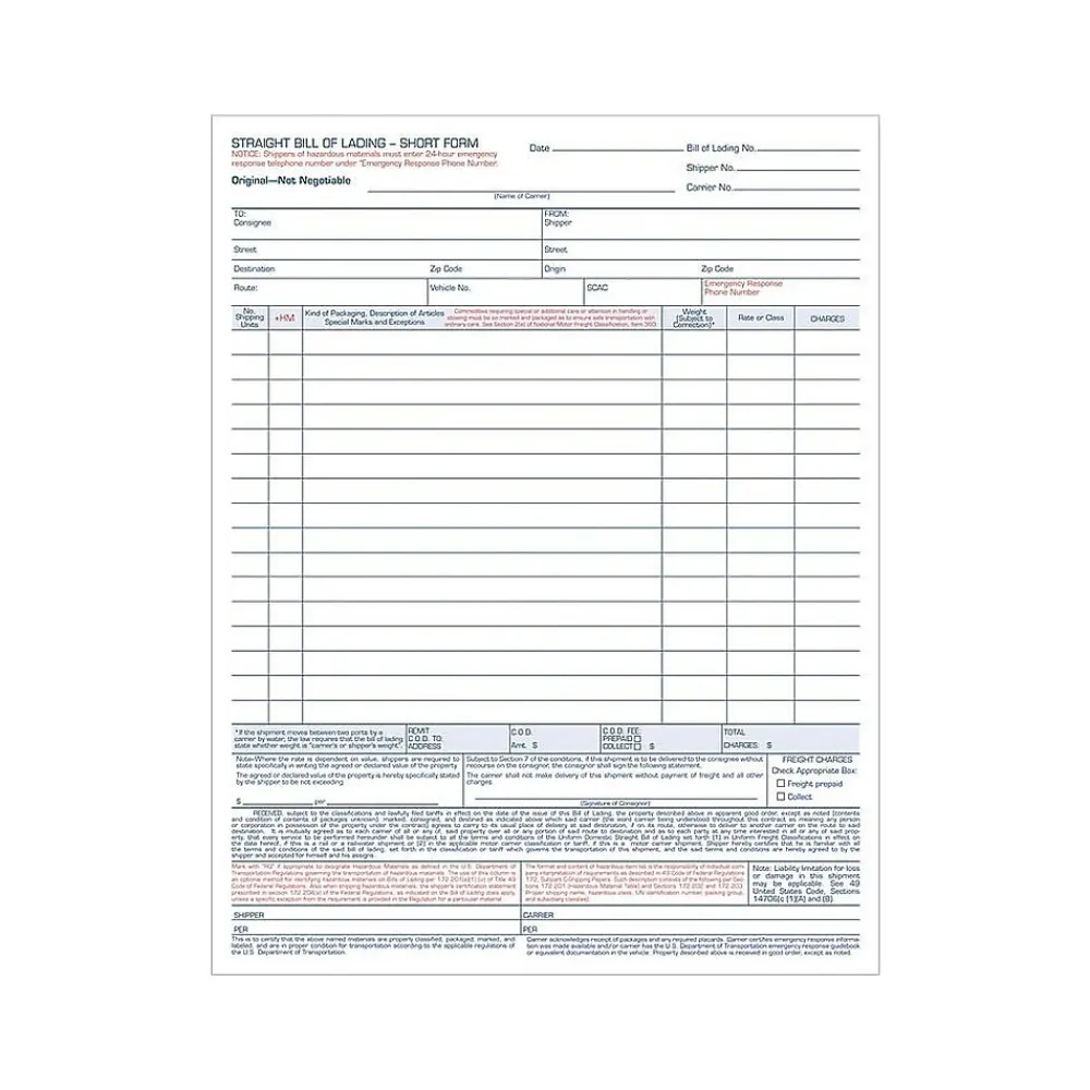 Business Forms*TOPS 3-Part Carbonless Bill of Lading, 11.44"L x 8.5"W, 50 Sets/Book (3846)