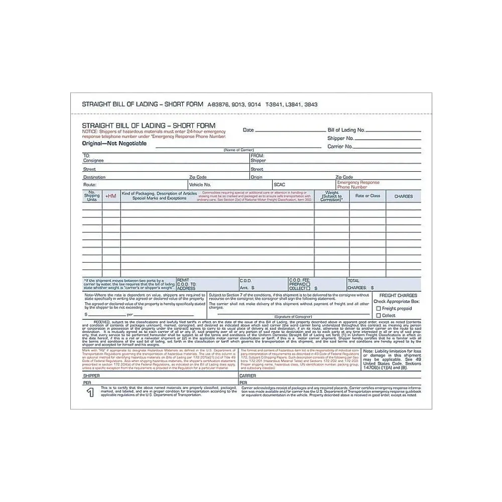 Business Forms*TOPS 3-Part Carbonless Bill of Lading, 8.5"L x 7"W, 50 Sets/Book (3841)