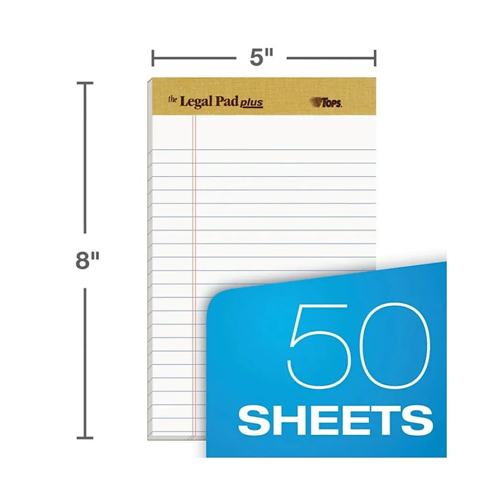 Notepads|TOPS ® The Legal Pad™ Plus, White, Jr Legal Ruled, 5" x 8", 50 Sheets/Pad, 1 Dozen Pads (71500)