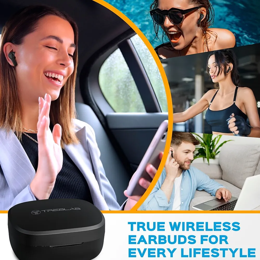 WX8 True Wireless IPX8 Waterproof Earbuds, Bluetooth, Black<Treblab