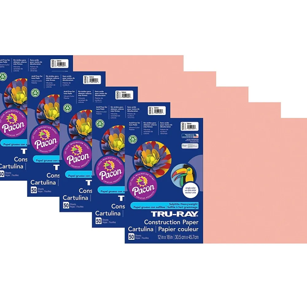 Construction Paper*Pacon Tru-Ray® Construction Paper, Salmon, 12" x 18", 50 Sheets Per Pack, 5 Packs (PAC103042-5)