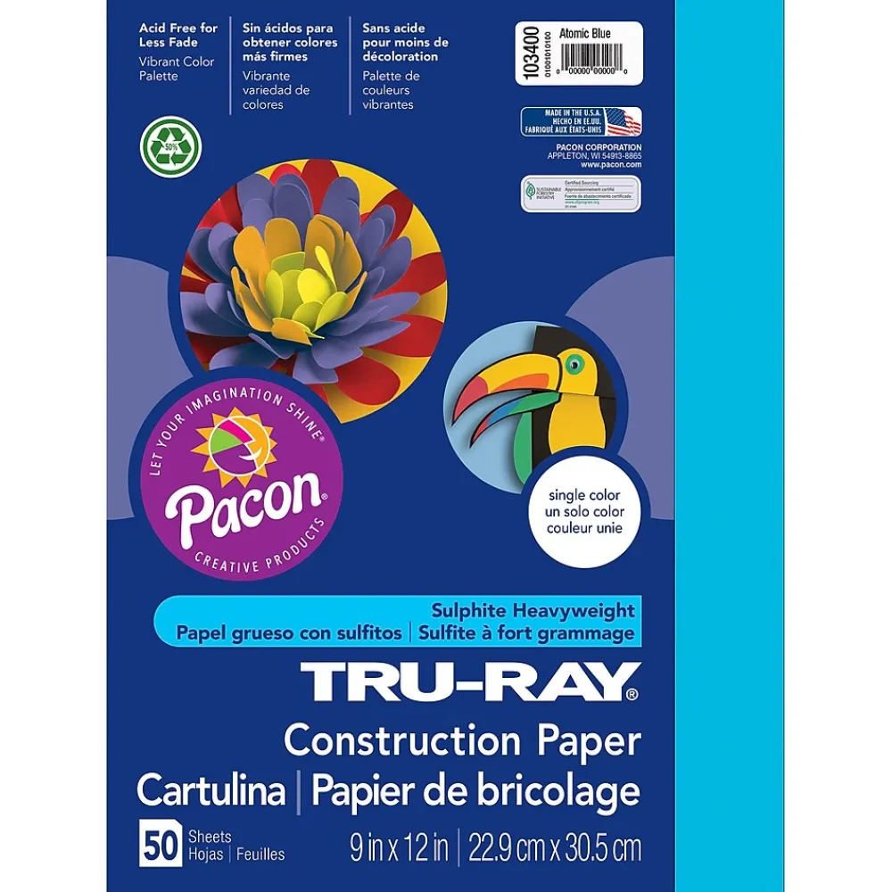 Construction Paper*Pacon Tru-Ray® Construction Paper, Atomic Blue, 9" x 12", 50 Sheets Per Pack, 5 Packs (PAC103400-5)