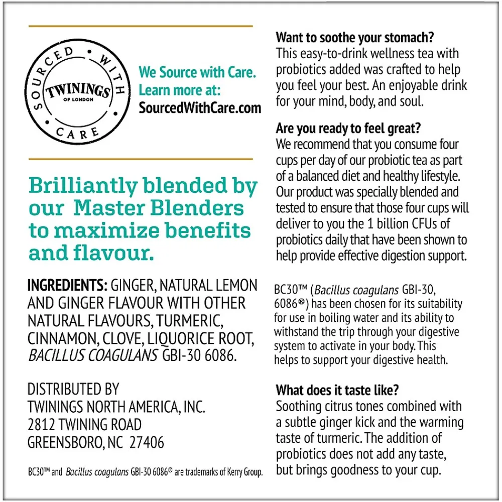 Twinings Probiotics+ Herbal Lemon & Ginger Tea, Keurig® K-Cup® Pods, 24/Box (F16930)