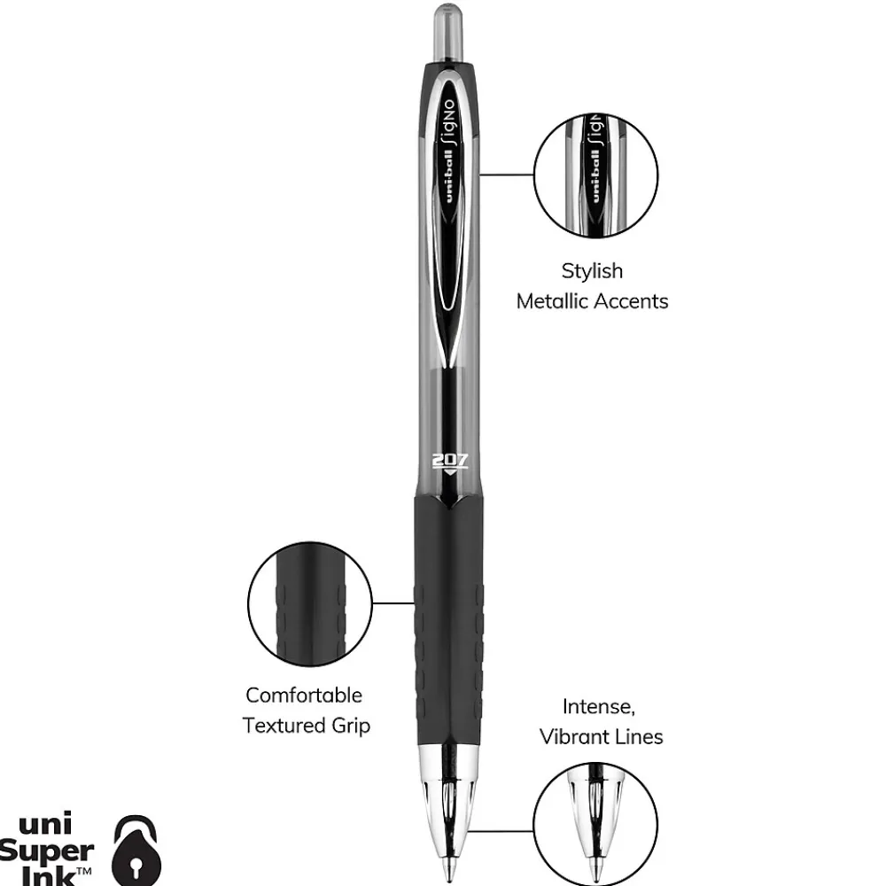 Pens|uni-ball 207 Signo RT Retractable Gel Pens, Medium Point, 0.7mm, Black Ink, 4/Pack (33960)