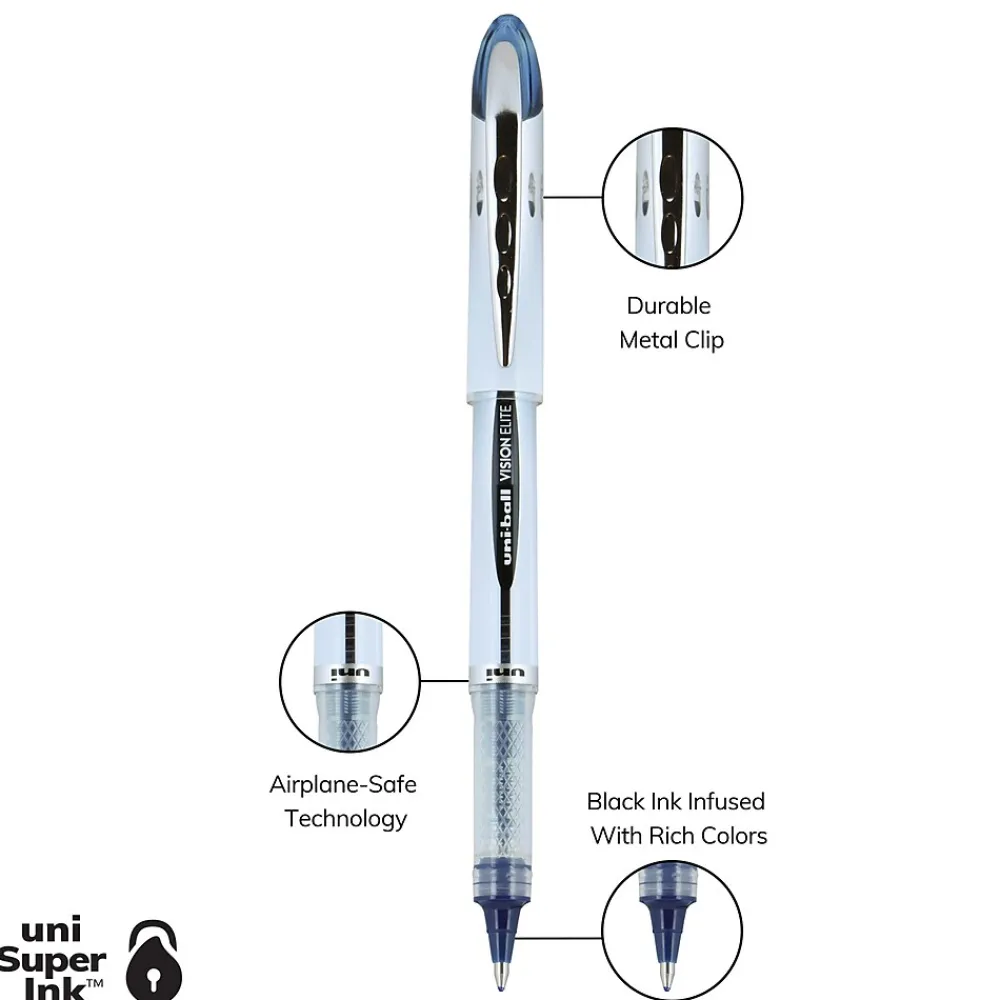 Pens|uni-ball Vision Elite BLX Rollerball Pens, Bold Point, 0.8mm, Blue/Black Ink (61232)
