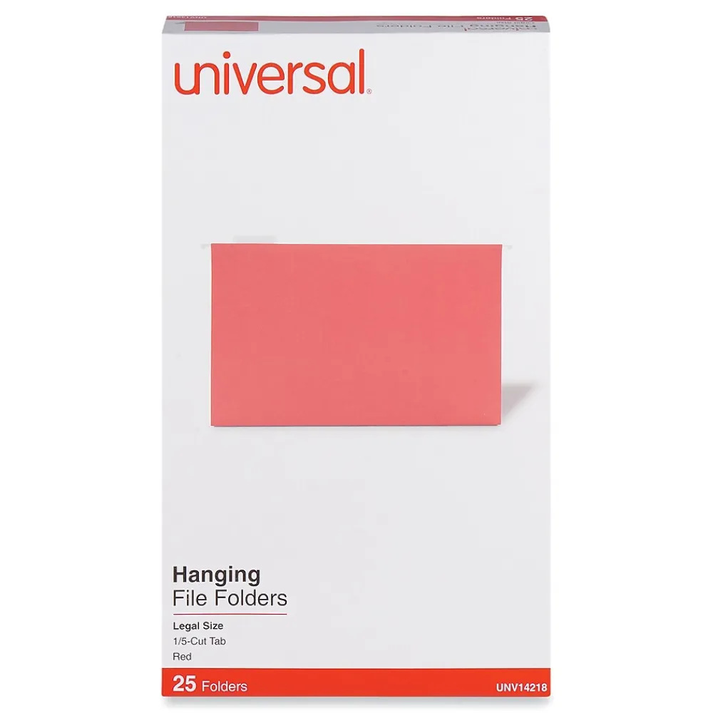 Hanging File Folders|Universal Recycled Hanging File Folder, Legal Size, Red, 25/Box (UNV14218)