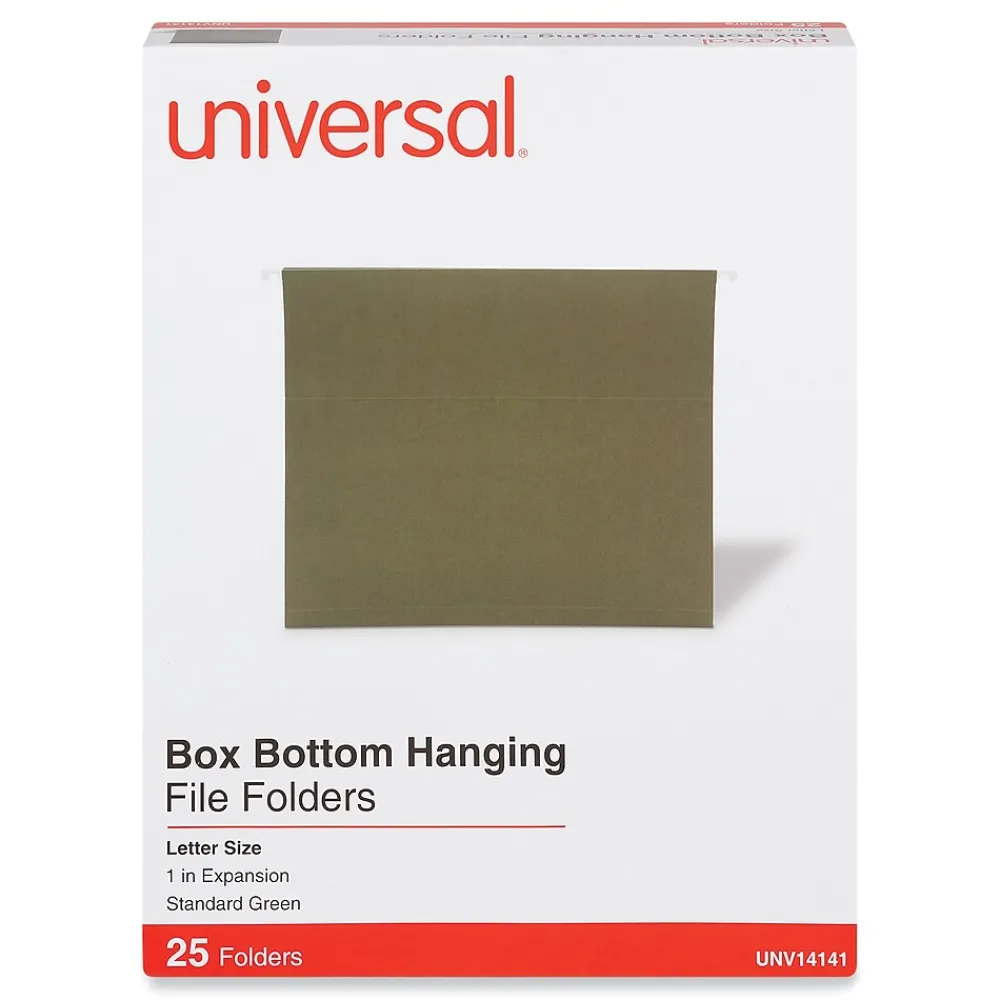Hanging File Folders|Universal Reinforced Recycled Hanging File Folder, Letter Size, Standard Green, 25/Box (UNV14141)