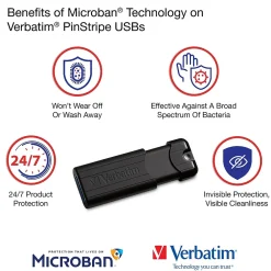 Outlet Verbatim PinStripe 128GB USB 3.2 Type A Flash Drive, Black (49319)