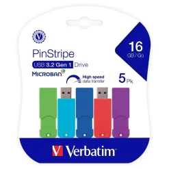 Best Verbatim PinStripe 16GB USB 3.2 Type A Flash Drive, Assorted Colors, 5/Pack (70387)