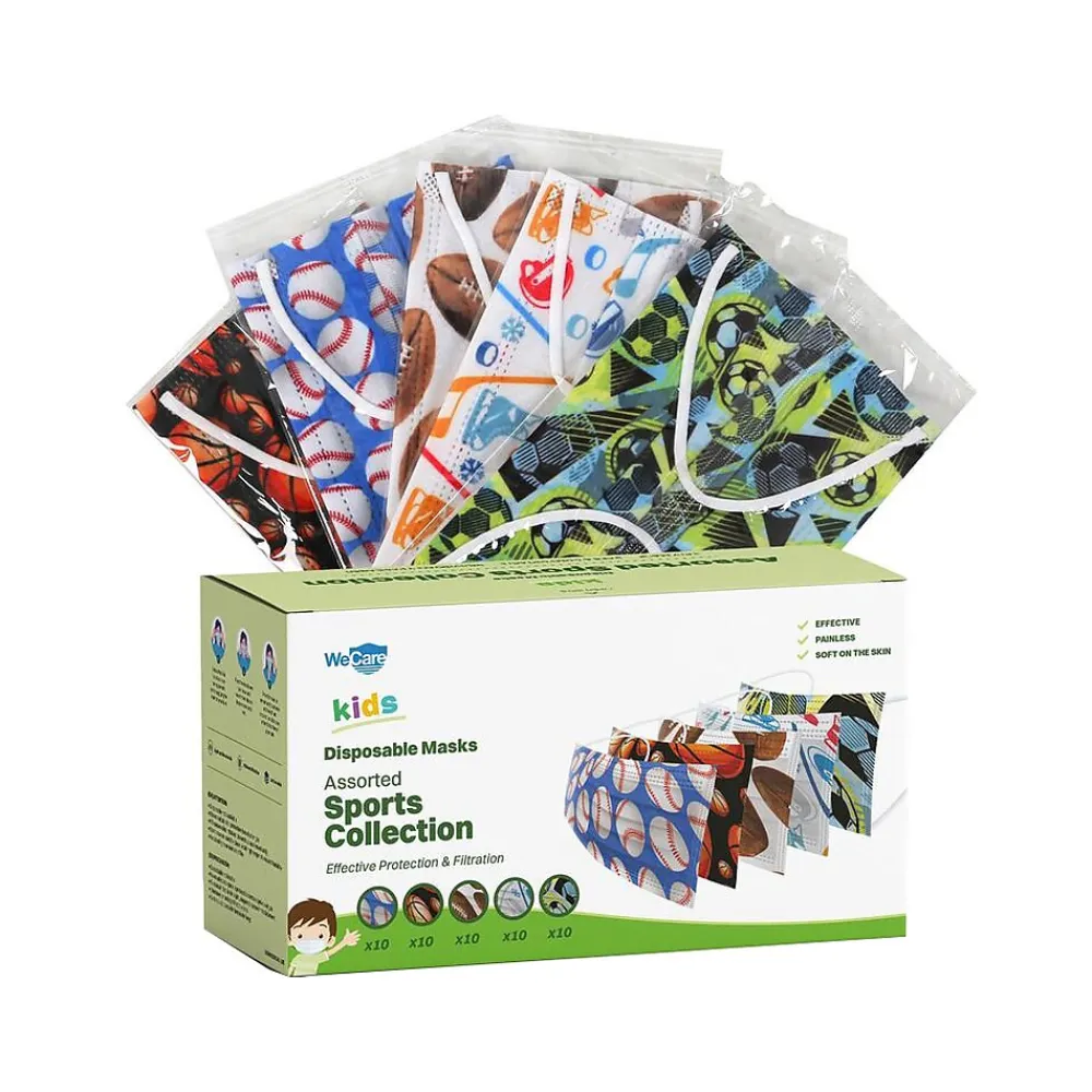 WeCare 3-ply Disposable Face Masks, Kids, Assorted Sports Designs, 50/Pack (WMN100080)