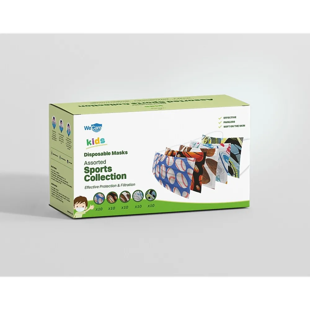 WeCare 3-ply Disposable Face Masks, Kids, Assorted Sports Designs, 50/Pack (WMN100080)