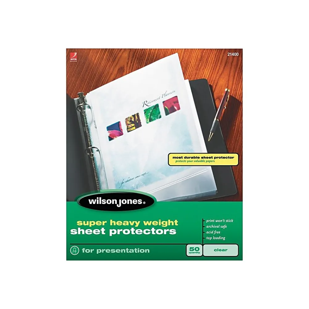 Sheet Protectors|Wilson Jones Top-Loading Sheet Protectors, Super Heavy Weight, 8-1/2" x 11", Clear, 5 mil, 50/Box (WLJ21400)